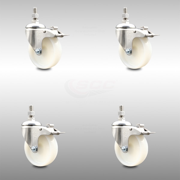 Service Caster 4 Inch 316SS Nylon Wheel Swivel 3/8 Inch Threaded Stem Caster Set Lock Brake SCC SCC-SS316TSTTL20S414-NYS-381615-4 - main